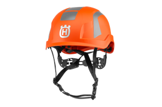 Front view of a Husqvarna safety helmet with adjustable straps.
