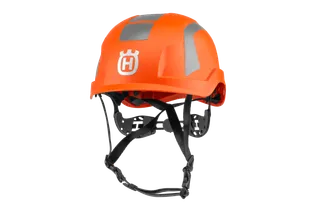 Front view of a Husqvarna safety helmet with adjustable straps.