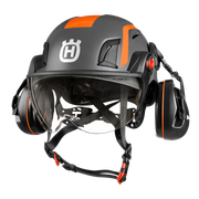 Front view of a Husqvarna safety helmet with ear protection and visor.