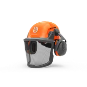 Husqvarna skogshjelm, Functional. Sett forfra av en Husqvarna-hjelm med hørselsvern og visir.