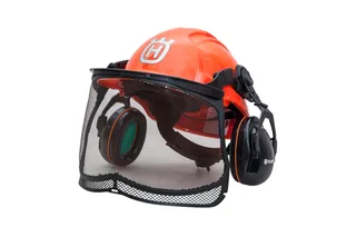 Front view of a Husqvarna safety helmet with ear protection and visor.