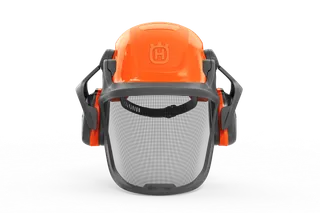 Vooraanzicht van een Husqvarna veiligheidshelm met gehoorbescherming en vizier.