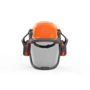 Vooraanzicht van een Husqvarna veiligheidshelm met gehoorbescherming en vizier.