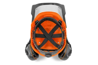 "Husqvarna" apsauginio šalmo su ausų apsauga ir skydeliu vaizdas iš viršaus.