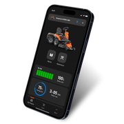 Application pour smartphone pour tondeuse Husqvarna R200iX AWD : batterie 100 %, coupe 75 %, 3h05 m d’utilisation.