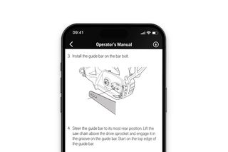 Illustration of a guide bar installation in an operator's manual on a smartphone screen.
