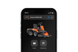 Smartphone displaying an app interface for a Husqvarna R200X AWD ride-on mower.