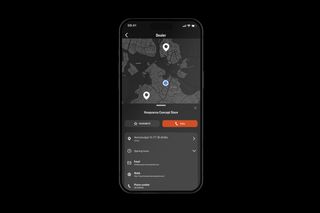 Smartphone displaying a map with dealer locations and contact details for a Husqvarna concept store.
