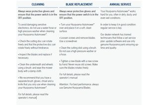 A comparison table detailing cleaning, blade replacement, and annual service instructions for a Husqvarna Automower.