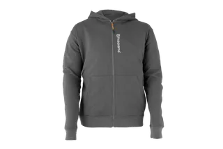 Vista frontal de um hoodie da marca Husqvarna com fecho de correr.
