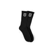 Ein Paar schwarze Socken mit Husqvarna-Logo.