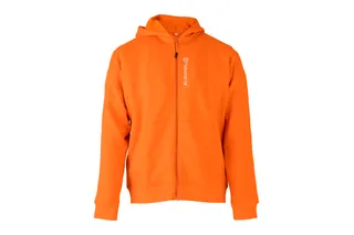 Vista frontal de um hoodie Husqvarna com fecho e capô.