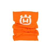 Vorderansicht einer orangefarbenen Halsgamasche mit Husqvarna Logo.
