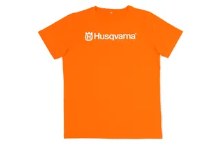 Vooraanzicht van een oranje T-shirt met Husqvarna-branding.