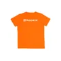 Vooraanzicht van een oranje T-shirt met Husqvarna-branding.