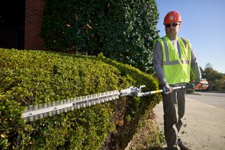 A person in work gear using a hedge trimmer on a large bush.