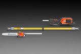 Side view of a Husqvarna pole saw with an extendable shaft and chainsaw attachment.