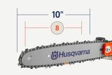 Close-up of a Husqvarna chainsaw bar with a 10-inch measurement indicator.