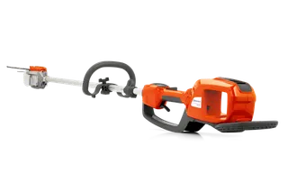 Side view of a Husqvarna battery-powered pole saw with ergonomic handle.
