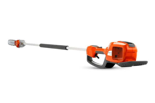 Side view of a Husqvarna battery-powered pole saw, showcasing its extended reach.