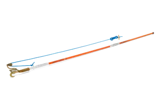 Side view of a long-handled pruning tool with a hook and rope mechanism.