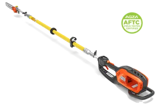 Telescopic battery-powered pole saw with chainsaw head, studio side view.