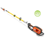 Telescopic battery-powered pole saw with chainsaw head, studio side view.
