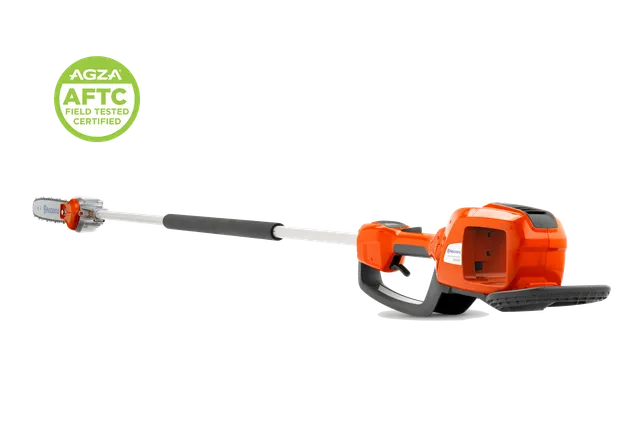Studio view of a pole saw with cutting bar and battery housing, with an AGZA AFTC badge.