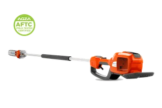 Studio view of a pole saw with cutting bar and battery housing, with an AGZA AFTC badge.