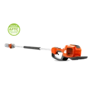 Studio view of a pole saw with cutting bar and battery housing, with an AGZA AFTC badge.