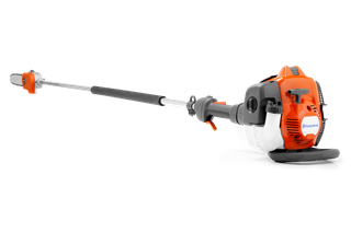 Side view of a Husqvarna pole saw with a long reach handle.