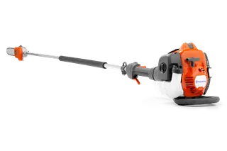 Side view of a Husqvarna pole saw with a long reach handle.