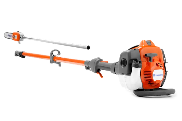 Seitenansicht eines Husqvarna-Hochentasters mit Motor und Messerbalken.