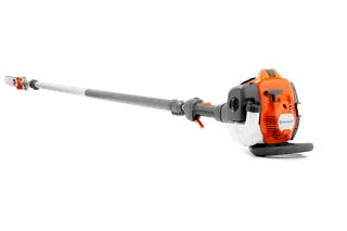 Side view of a Husqvarna pole saw, showcasing its long reach and cutting blade.