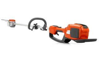 Husqvarna 富世华绿篱剪的侧视图,具有符合人体工程学的手柄,伸展距离更长。