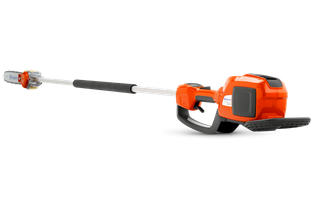 Side view of a Husqvarna pole saw, showcasing its extended reach and ergonomic handle.