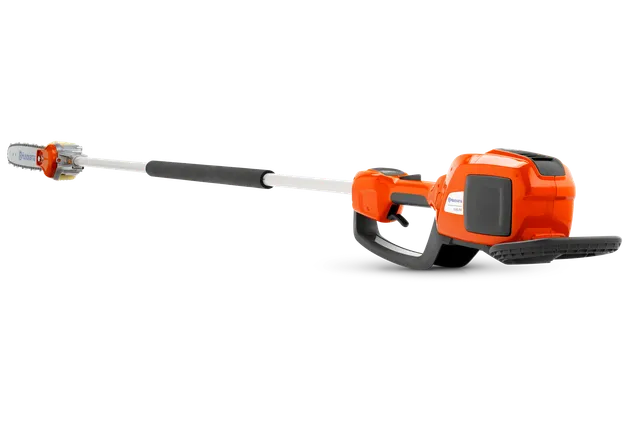 Side view of a Husqvarna pole saw, showcasing its extended reach and ergonomic handle.