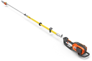 Side view of a battery-powered pole saw with an extended reach.