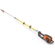Side view of a battery-powered pole saw with an extended reach.