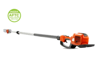 Studio side view of a pole saw with a certification badge in the corner.