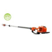 Studio side view of a pole saw with a certification badge in the corner.