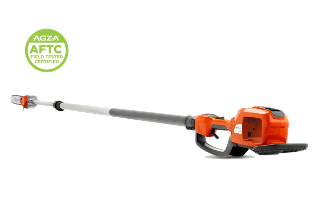 Studio side view of a pole saw with a certification badge in the corner.