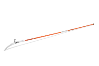 Side view of a long-handled garden tool with a curved blade.