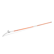 Side view of a long-handled garden tool with a curved blade.