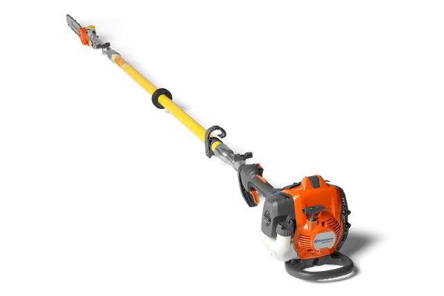 Side view of a Husqvarna pole saw with an extended shaft and chainsaw attachment.