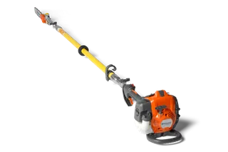 Side view of a Husqvarna pole saw with an extended shaft and chainsaw attachment.