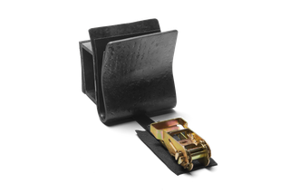 Front view of a ratchet strap with a metal buckle and black protective sleeve.