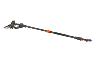 Side view of a telescopic pole saw with an extendable shaft and cutting blade.