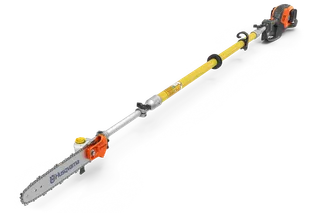 Side view of a Husqvarna pole saw designed for extended reach cutting.