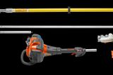 Studio image showing a Husqvarna pole saw with various components, including an extendable pole and chainsaw attachment.
